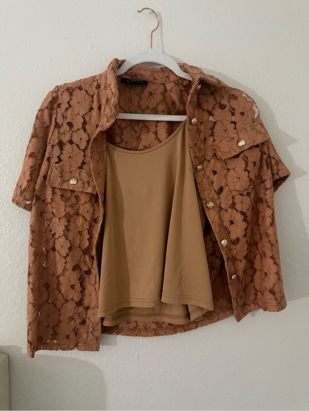 Nicole Miller Lace Button-Front Shirt with Tank - Caramel Brown